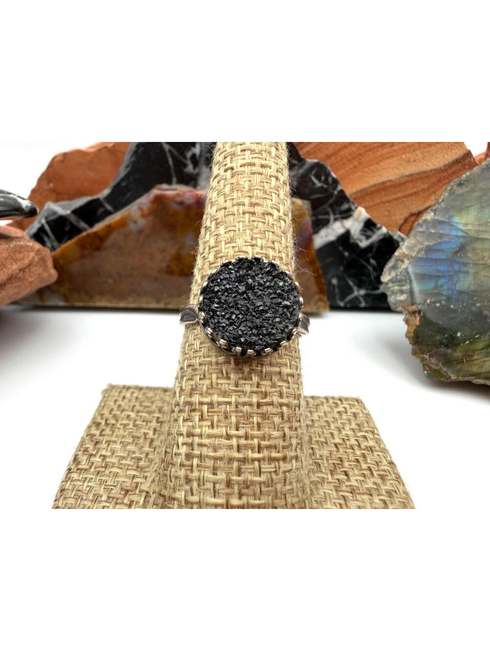 Vintage Black Druzy Quartz  JBB Findings Sterling Silver Ring